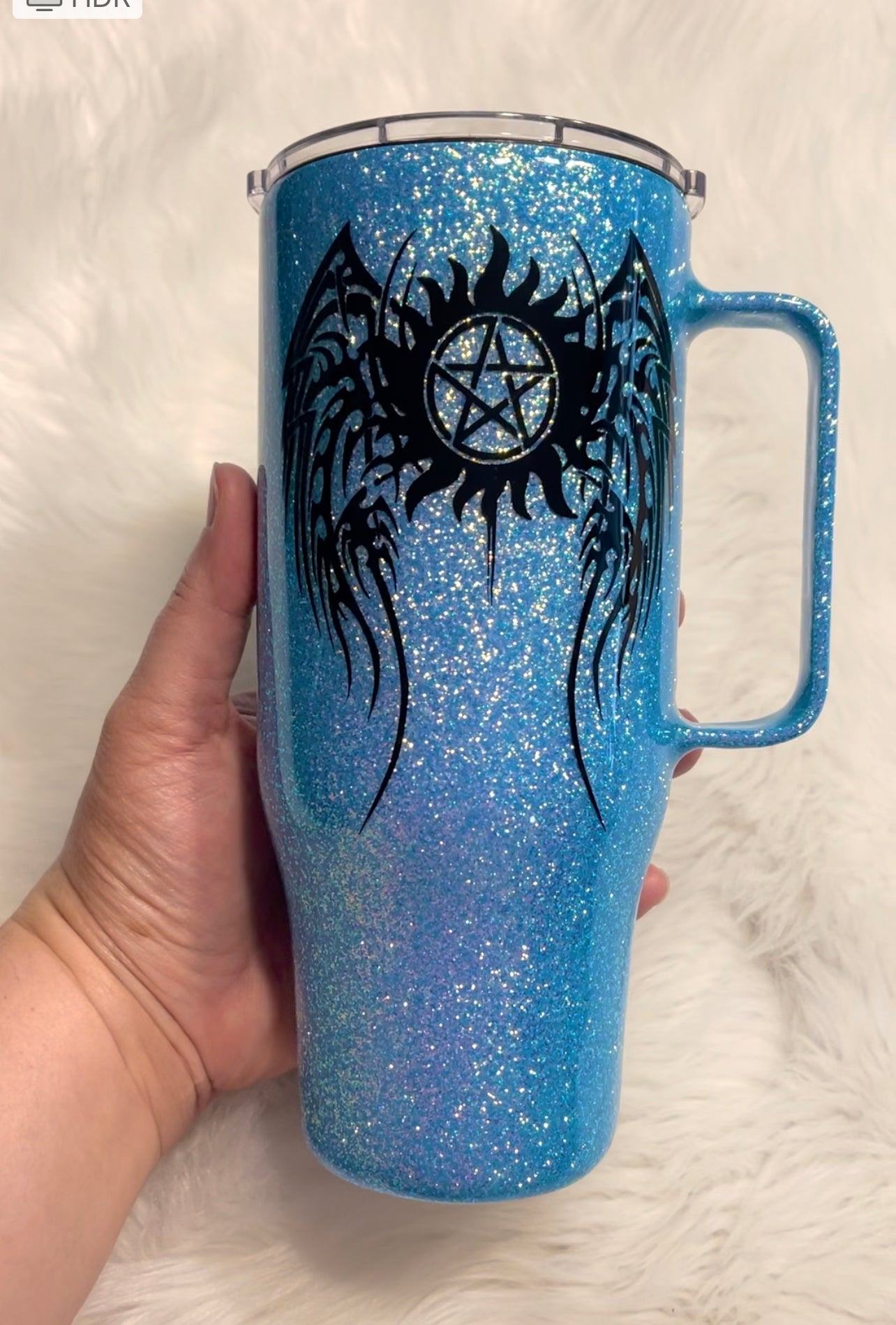 24oz glittered SPN themed curved with handle tumbler