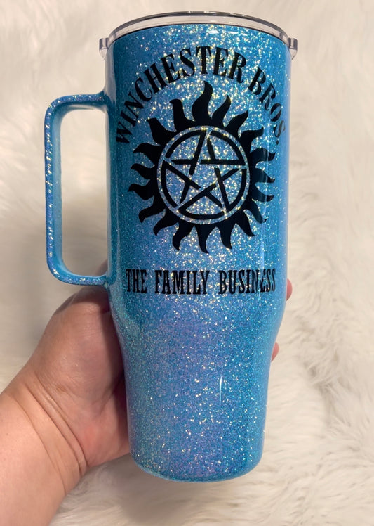 24oz glittered SPN themed curved with handle tumbler